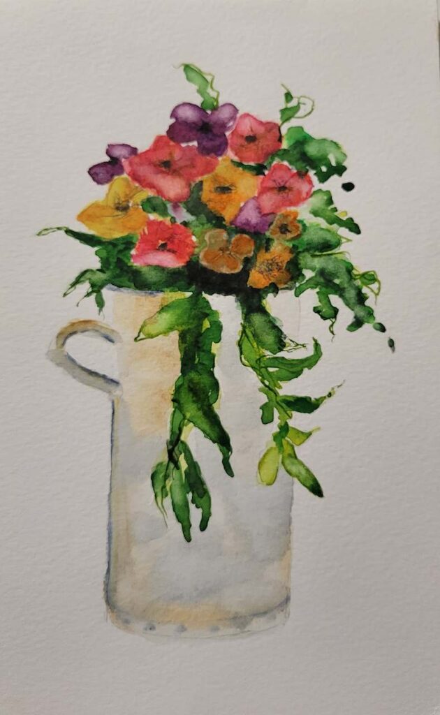 White Enamel Pot With Flowers